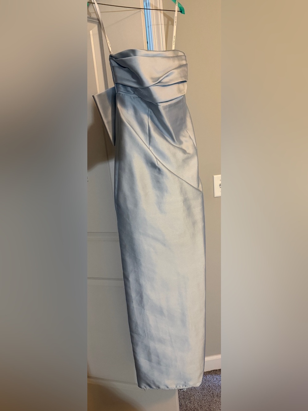 ALFRED SUNG Light Silver Blue Satin Strapless Gown